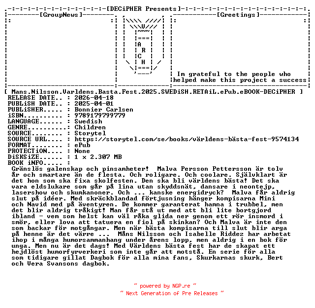 NFO for the release Mans.Nilsson.Varldens.Basta.Fest.2025.SWEDiSH.RETAiL.ePub.eBOOK-DECiPHER by DECiPHER