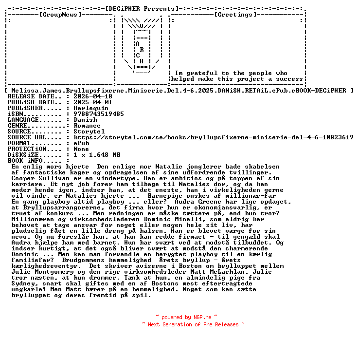 NFO for the release Melissa.James.Bryllupsfixerne.Miniserie.Del.4-6.2025.DANiSH.RETAiL.ePub.eBOOK-DECiPHER by DECiPHER