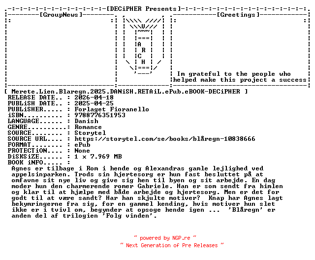 NFO for the release Merete.Lien.Blaregn.2025.DANiSH.RETAiL.ePub.eBOOK-DECiPHER by DECiPHER