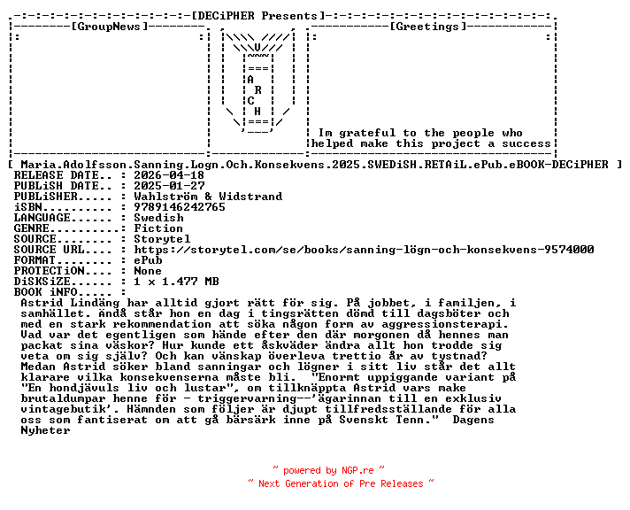 NFO for the release Maria.Adolfsson.Sanning.Logn.Och.Konsekvens.2025.SWEDiSH.RETAiL.ePub.eBOOK-DECiPHER by DECiPHER