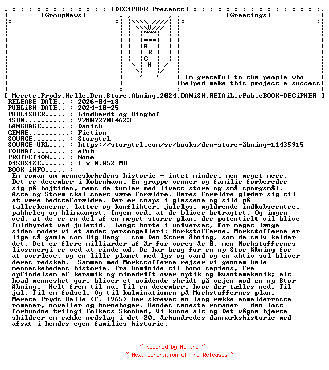 NFO for the release Merete.Pryds.Helle.Den.Store.Abning.2024.DANiSH.RETAiL.ePub.eBOOK-DECiPHER by DECiPHER