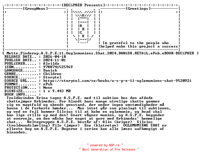 NFO for the release Mette.Finderup.A.S.P.E.11.Oeglemumiens.Skat.2024.DANiSH.RETAiL.ePub.eBOOK-DECiPHER by DECiPHER