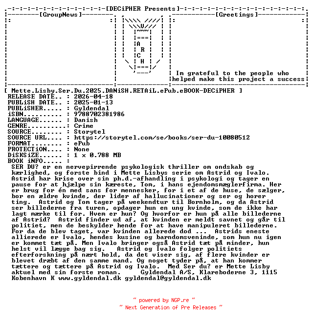 NFO for the release Mette.Lisby.Ser.Du.2025.DANiSH.RETAiL.ePub.eBOOK-DECiPHER by DECiPHER