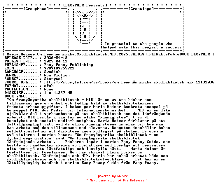 NFO for the release Maria.Heimer.Om.Framgangsrika.Skolbibliotek.Mik.2025.SWEDiSH.RETAiL.ePub.eBOOK-DECiPHER by DECiPHER