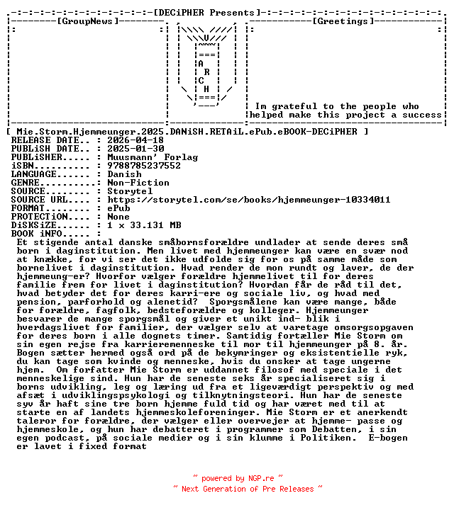 NFO for the release Mie.Storm.Hjemmeunger.2025.DANiSH.RETAiL.ePub.eBOOK-DECiPHER by DECiPHER