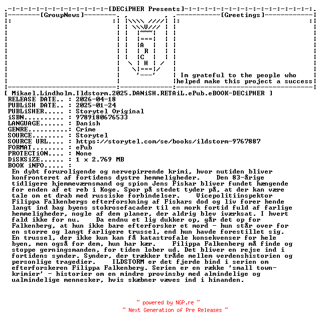 NFO for the release Mikael.Lindholm.Ildstorm.2025.DANiSH.RETAiL.ePub.eBOOK-DECiPHER by DECiPHER