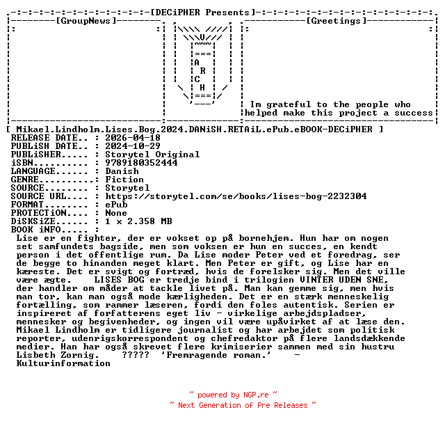 NFO for the release Mikael.Lindholm.Lises.Bog.2024.DANiSH.RETAiL.ePub.eBOOK-DECiPHER by DECiPHER