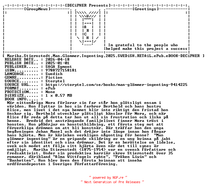 NFO for the release Marika.Stiernstedt.Man.Glommer.Ingenting.2025.SWEDiSH.RETAiL.ePub.eBOOK-DECiPHER by DECiPHER