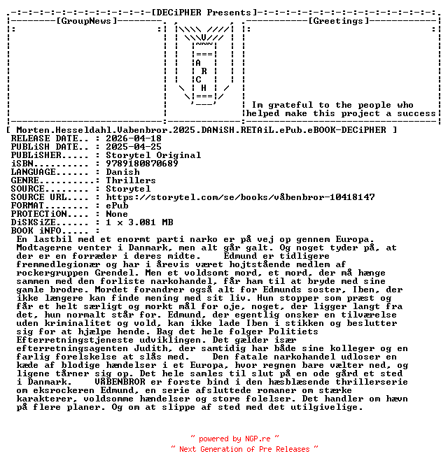 NFO for the release Morten.Hesseldahl.Vabenbror.2025.DANiSH.RETAiL.ePub.eBOOK-DECiPHER by DECiPHER