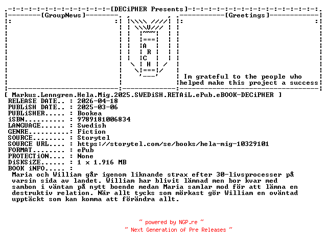 NFO for the release Markus.Lenngren.Hela.Mig.2025.SWEDiSH.RETAiL.ePub.eBOOK-DECiPHER by DECiPHER