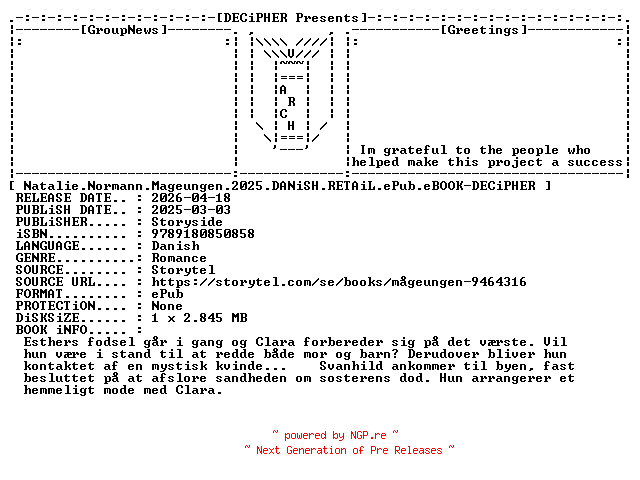 NFO for the release Natalie.Normann.Mageungen.2025.DANiSH.RETAiL.ePub.eBOOK-DECiPHER by DECiPHER