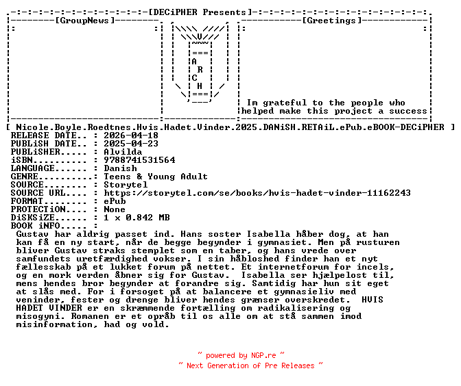 NFO for the release Nicole.Boyle.Roedtnes.Hvis.Hadet.Vinder.2025.DANiSH.RETAiL.ePub.eBOOK-DECiPHER by DECiPHER