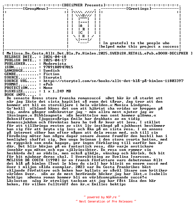 NFO for the release Melissa.Da.Costa.Allt.Det.Bla.Pa.Himlen.2025.SWEDiSH.RETAiL.ePub.eBOOK-DECiPHER by DECiPHER