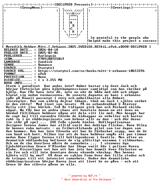 NFO for the release Meredith.Webber.Mitt.I.Orkanen.2025.SWEDiSH.RETAiL.ePub.eBOOK-DECiPHER by DECiPHER