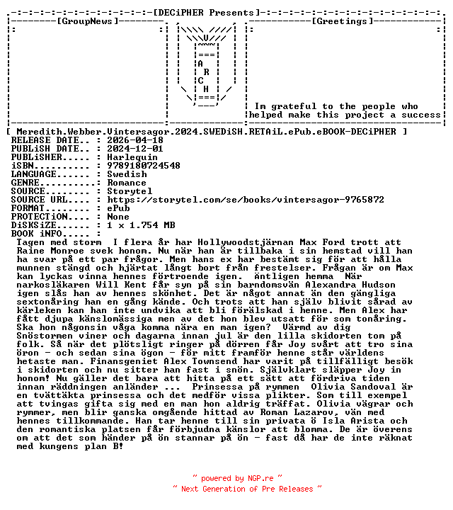 NFO for the release Meredith.Webber.Vintersagor.2024.SWEDiSH.RETAiL.ePub.eBOOK-DECiPHER by DECiPHER