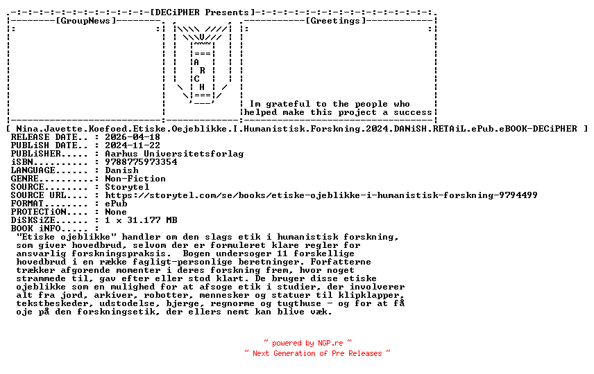 NFO for the release Nina.Javette.Koefoed.Etiske.Oejeblikke.I.Humanistisk.Forskning.2024.DANiSH.RETAiL.ePub.eBOOK-DECiPHER by DECiPHER