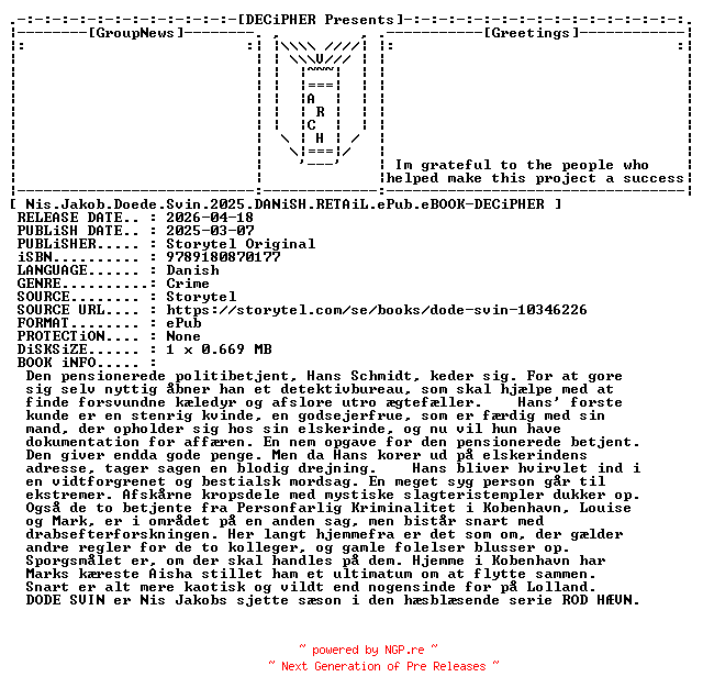 NFO for the release Nis.Jakob.Doede.Svin.2025.DANiSH.RETAiL.ePub.eBOOK-DECiPHER by DECiPHER