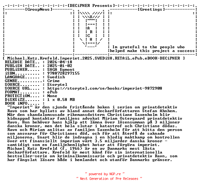 NFO for the release Michael.Katz.Krefeld.Imperiet.2025.SWEDiSH.RETAiL.ePub.eBOOK-DECiPHER by DECiPHER