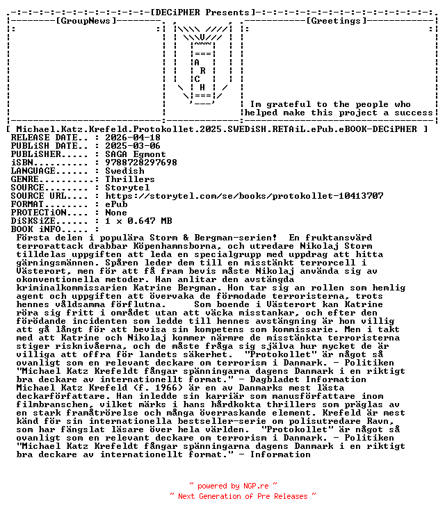 NFO for the release Michael.Katz.Krefeld.Protokollet.2025.SWEDiSH.RETAiL.ePub.eBOOK-DECiPHER by DECiPHER
