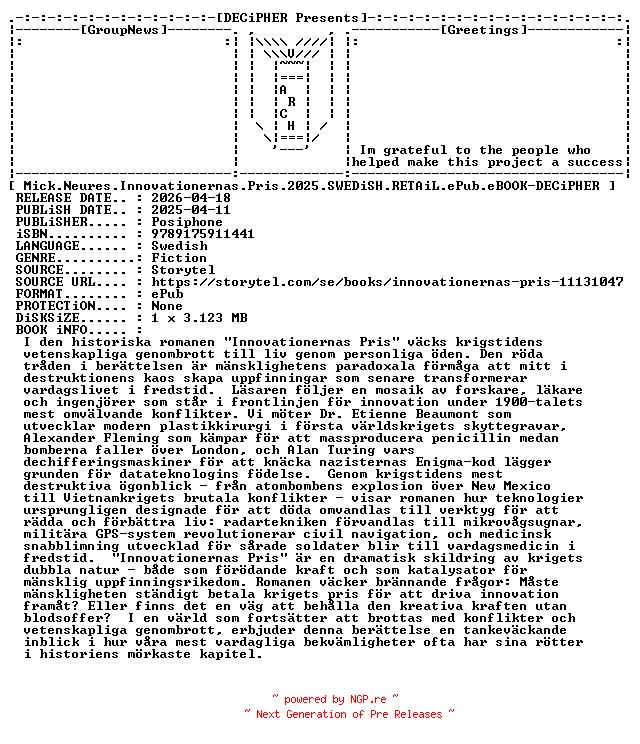 NFO for the release Mick.Neures.Innovationernas.Pris.2025.SWEDiSH.RETAiL.ePub.eBOOK-DECiPHER by DECiPHER