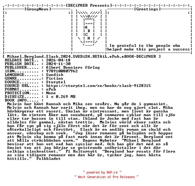 NFO for the release Mikael.Berglund.Slask.2024.SWEDiSH.RETAiL.ePub.eBOOK-DECiPHER by DECiPHER