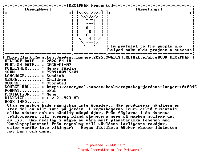 NFO for the release Mike.Clark.Regnskog.Jordens.Lungor.2025.SWEDiSH.RETAiL.ePub.eBOOK-DECiPHER by DECiPHER