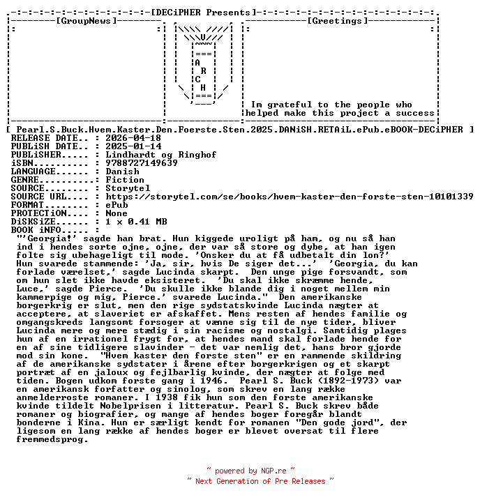 NFO for the release Pearl.S.Buck.Hvem.Kaster.Den.Foerste.Sten.2025.DANiSH.RETAiL.ePub.eBOOK-DECiPHER by DECiPHER