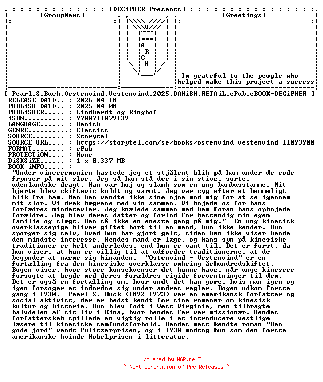 NFO for the release Pearl.S.Buck.Oestenvind.Vestenvind.2025.DANiSH.RETAiL.ePub.eBOOK-DECiPHER by DECiPHER