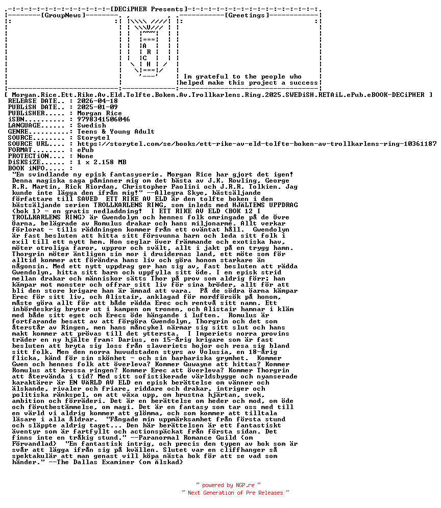 NFO for the release Morgan.Rice.Ett.Rike.Av.Eld.Tolfte.Boken.Av.Trollkarlens.Ring.2025.SWEDiSH.RETAiL.ePub.eBOOK-DECiPHER by DECiPHER