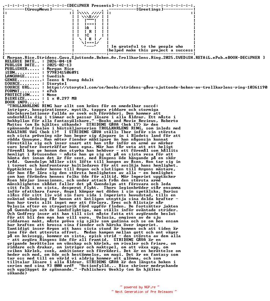 NFO for the release Morgan.Rice.Stridens.Gava.Sjuttonde.Boken.Av.Trollkarlens.Ring.2025.SWEDiSH.RETAiL.ePub.eBOOK-DECiPHER by DECiPHER