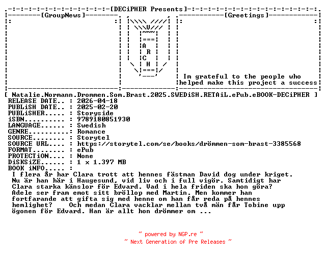 NFO for the release Natalie.Normann.Drommen.Som.Brast.2025.SWEDiSH.RETAiL.ePub.eBOOK-DECiPHER by DECiPHER