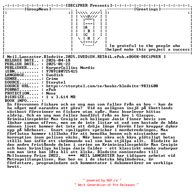 NFO for the release Neil.Lancaster.Blodvite.2025.SWEDiSH.RETAiL.ePub.eBOOK-DECiPHER by DECiPHER