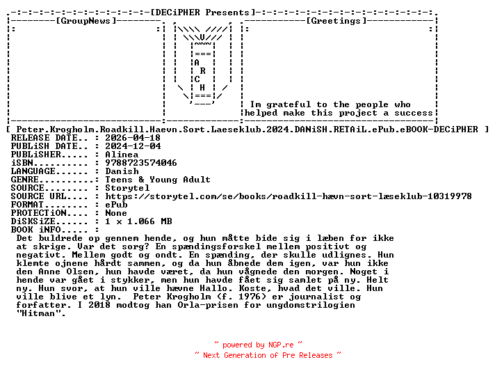 NFO for the release Peter.Krogholm.Roadkill.Haevn.Sort.Laeseklub.2024.DANiSH.RETAiL.ePub.eBOOK-DECiPHER by DECiPHER