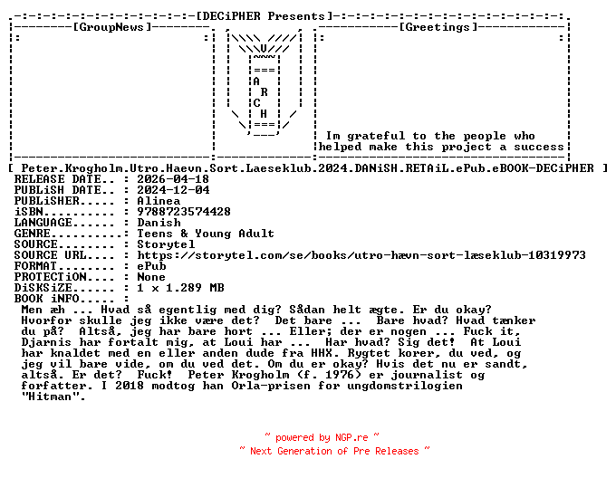 NFO for the release Peter.Krogholm.Utro.Haevn.Sort.Laeseklub.2024.DANiSH.RETAiL.ePub.eBOOK-DECiPHER by DECiPHER