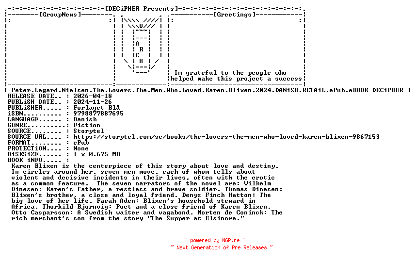 NFO for the release Peter.Legard.Nielsen.The.Lovers.The.Men.Who.Loved.Karen.Blixen.2024.DANiSH.RETAiL.ePub.eBOOK-DECiPHER by DECiPHER