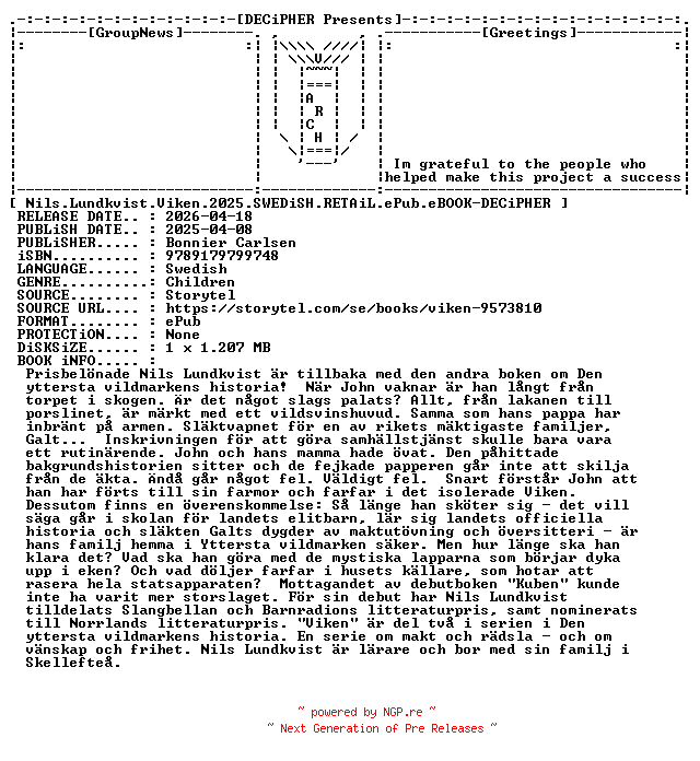 NFO for the release Nils.Lundkvist.Viken.2025.SWEDiSH.RETAiL.ePub.eBOOK-DECiPHER by DECiPHER