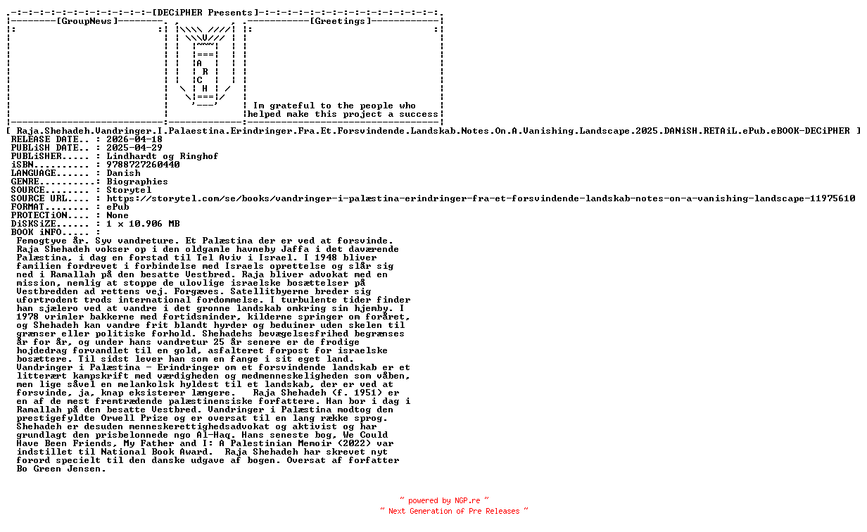 NFO for the release Raja.Shehadeh.Vandringer.I.Palaestina.Erindringer.Fra.Et.Forsvindende.Landskab.Notes.On.A.Vanishing.Landscape.2025.DANiSH.RETAiL.ePub.eBOOK-DECiPHER by DECiPHER