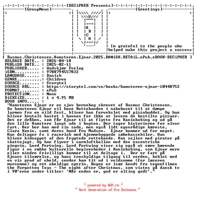 NFO for the release Rasmus.Christensen.Hamsteren.Ejnar.2025.DANiSH.RETAiL.ePub.eBOOK-DECiPHER by DECiPHER