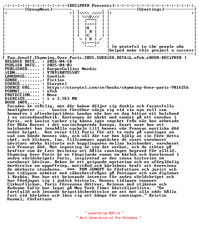 NFO for the release Pam.Jenoff.Skymning.Over.Paris.2025.SWEDiSH.RETAiL.ePub.eBOOK-DECiPHER by DECiPHER