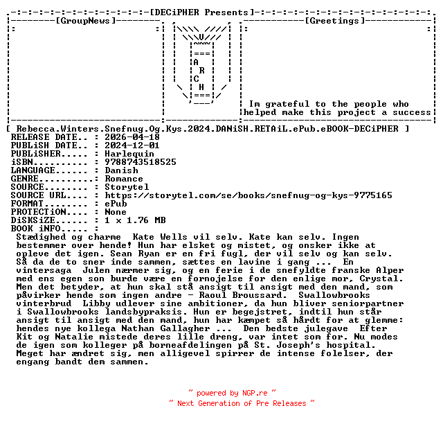 NFO for the release Rebecca.Winters.Snefnug.Og.Kys.2024.DANiSH.RETAiL.ePub.eBOOK-DECiPHER by DECiPHER