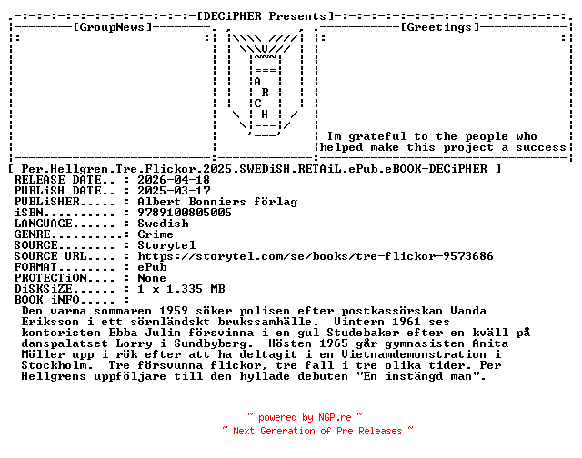 NFO for the release Per.Hellgren.Tre.Flickor.2025.SWEDiSH.RETAiL.ePub.eBOOK-DECiPHER by DECiPHER