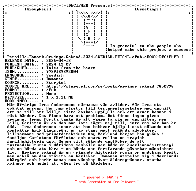 NFO for the release Pernilla.Enmark.Arvinge.Saknad.2024.SWEDiSH.RETAiL.ePub.eBOOK-DECiPHER by DECiPHER