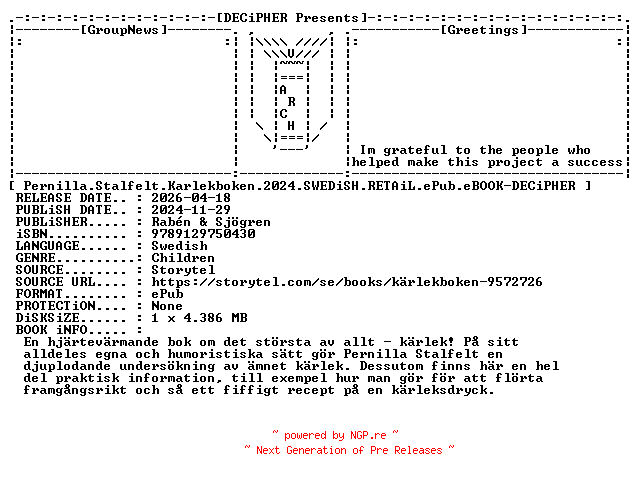 NFO for the release Pernilla.Stalfelt.Karlekboken.2024.SWEDiSH.RETAiL.ePub.eBOOK-DECiPHER by DECiPHER