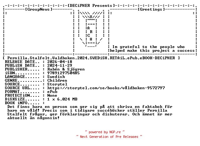 NFO for the release Pernilla.Stalfelt.Valdboken.2024.SWEDiSH.RETAiL.ePub.eBOOK-DECiPHER by DECiPHER