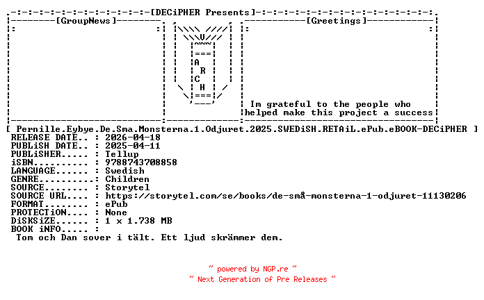 NFO for the release Pernille.Eybye.De.Sma.Monsterna.1.Odjuret.2025.SWEDiSH.RETAiL.ePub.eBOOK-DECiPHER by DECiPHER