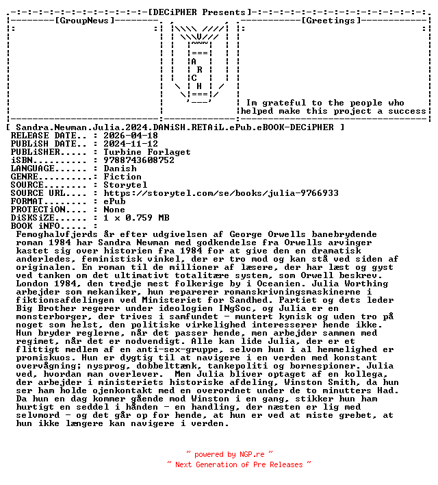 NFO for the release Sandra.Newman.Julia.2024.DANiSH.RETAiL.ePub.eBOOK-DECiPHER by DECiPHER
