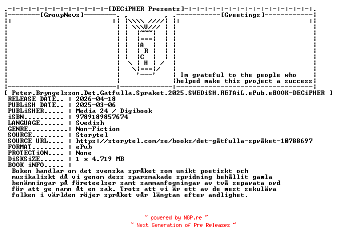 NFO for the release Peter.Bryngelsson.Det.Gatfulla.Spraket.2025.SWEDiSH.RETAiL.ePub.eBOOK-DECiPHER by DECiPHER