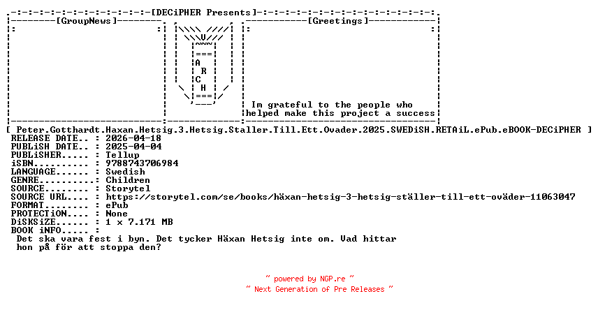 NFO for the release Peter.Gotthardt.Haxan.Hetsig.3.Hetsig.Staller.Till.Ett.Ovader.2025.SWEDiSH.RETAiL.ePub.eBOOK-DECiPHER by DECiPHER