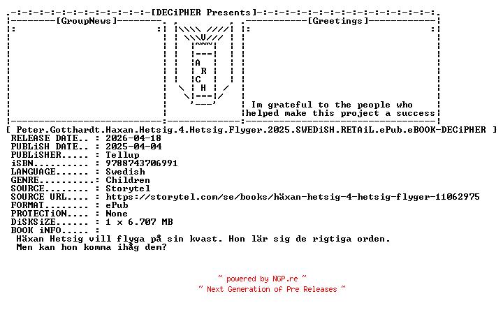 NFO for the release Peter.Gotthardt.Haxan.Hetsig.4.Hetsig.Flyger.2025.SWEDiSH.RETAiL.ePub.eBOOK-DECiPHER by DECiPHER