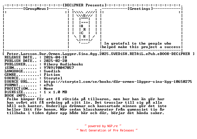 NFO for the release Peter.Larsson.Dar.Ormen.Lagger.Sina.Agg.2025.SWEDiSH.RETAiL.ePub.eBOOK-DECiPHER by DECiPHER